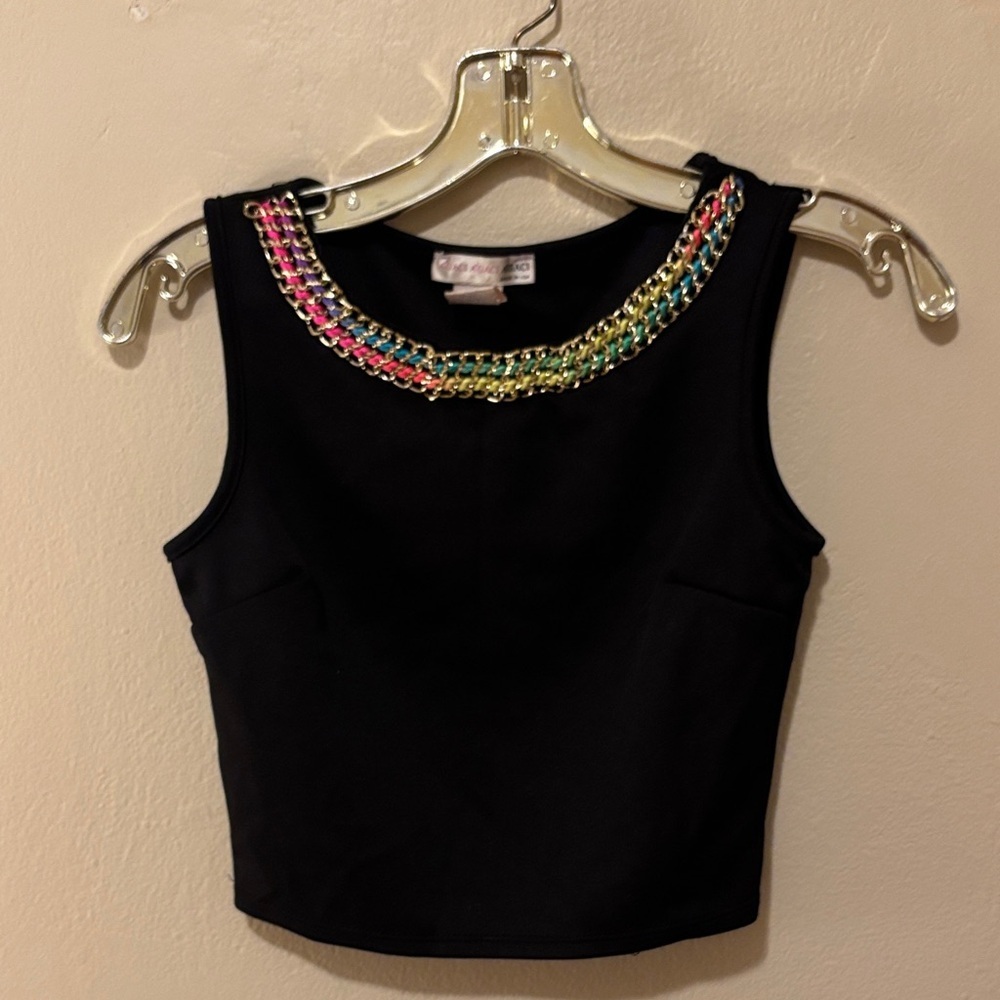 Elegant Black Crop Top with Colorful Chain Accent